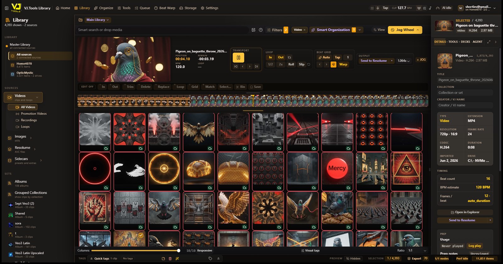 The VJ.Tools Library grid: thousands of visual clips with an inspector, content search, and a jog-wheel deck.