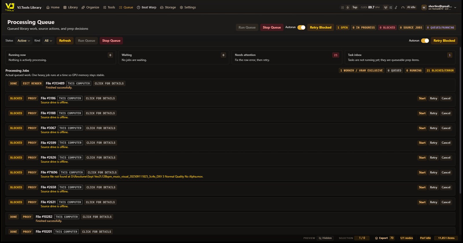 Rendition queue: aspect-ratio, upscale and interpolation versions attached to originals for a gig-ready export.