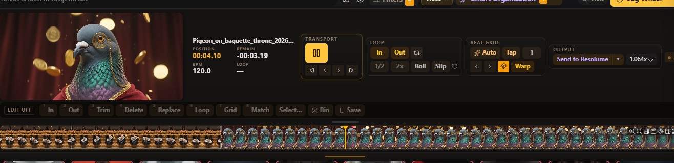 Jog-wheel deck: scrub, beat-grid retiming, region edits and hand-off to Resolume over a filmstrip.