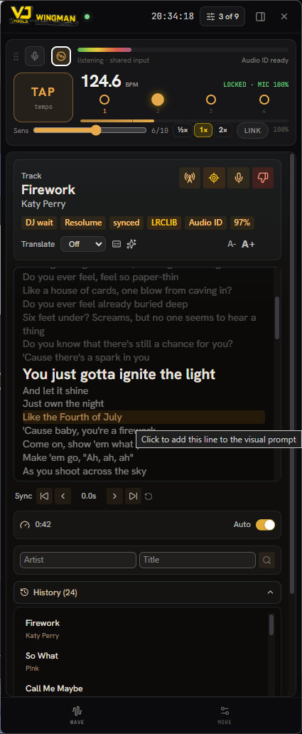 The Wingman sidebar mid-song: recognized track with the active lyric line highlighted, a click-to-add-to-visual-prompt tooltip, mic tempo locked at 124.6 BPM, translate and sync controls.