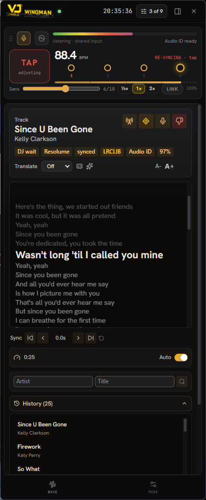 The Wingman sidebar catching a song change: the new track recognized and verified at 97%, tempo re-syncing by tap at 88.4 BPM, lyrics already following the new song.