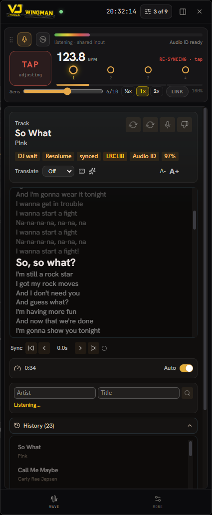 The Wingman sidebar recognizing a new track mid-set: tap tempo re-syncing at 123.8 BPM, time-synced lyrics on screen, and the played-track history below.