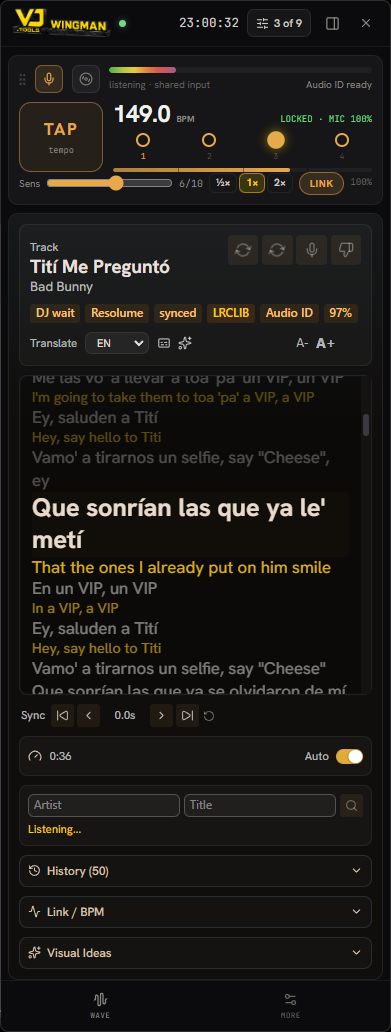 The Wingman sidebar translating live: a Spanish-language track (Bad Bunny — Tití Me Preguntó) with the original lyric on top and its English translation printed underneath each line, in sync with the song at 149 BPM.