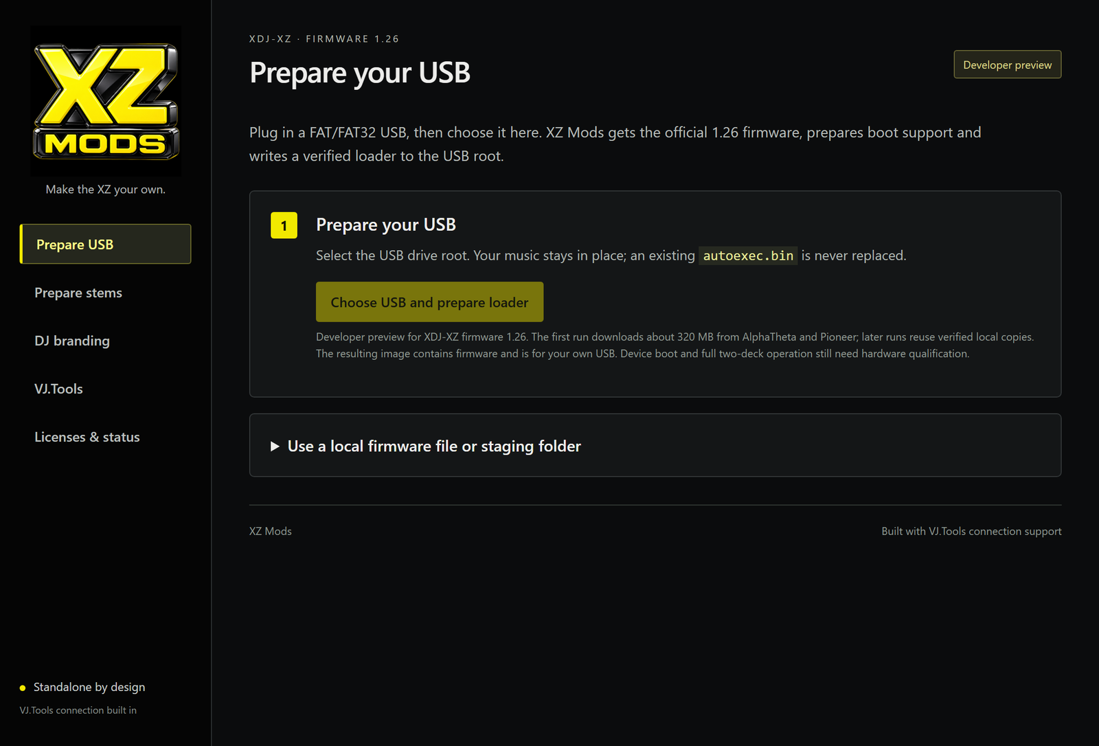 The XZ Mods 0.1.5 builder on its Prepare USB page, with one button: Choose USB and prepare loader.