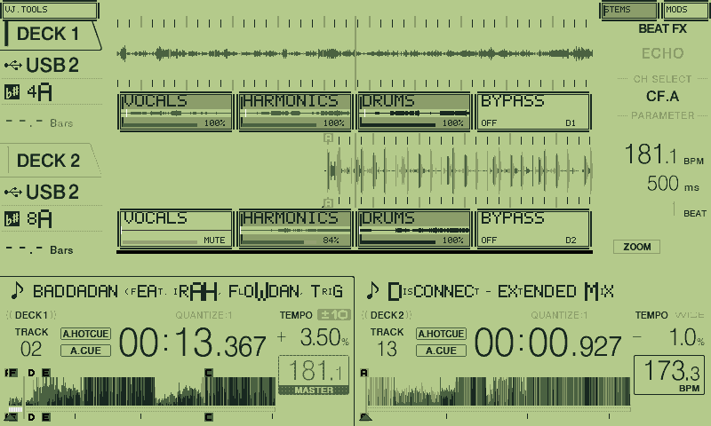 The XDJ-XZ screen in a green four-tone handheld style with a pixel font: two tracks loaded, stem rows under both decks, Deck 2 Vocals muted and Harmonics at 84 percent.