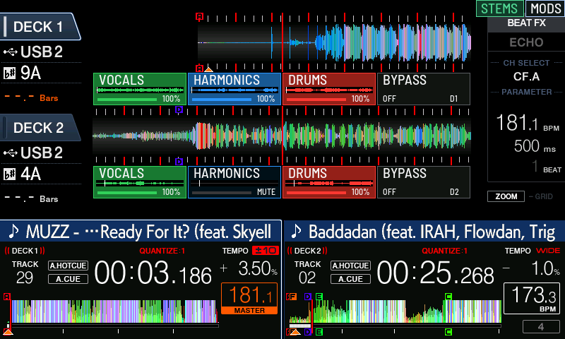 The XDJ-XZ dual-deck screen with a row of Vocals, Harmonics, Drums and Bypass controls under each waveform. Deck 2 Harmonics is muted.